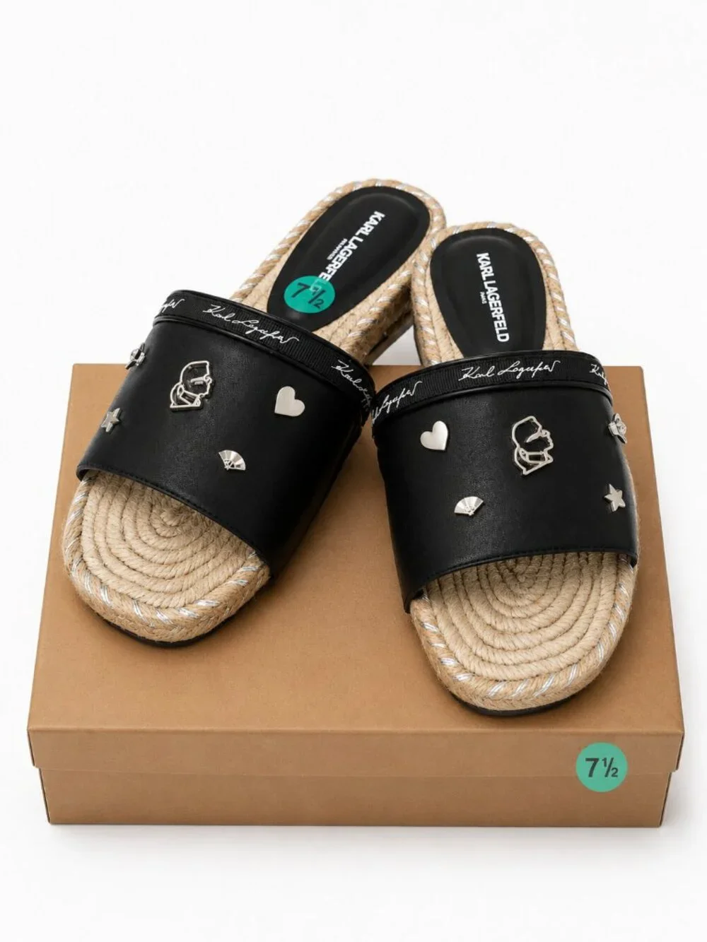 Karl Lagerfeld Paris Tulia Black Espadrille Slide Sandals Charms Womens 7.5 NEW